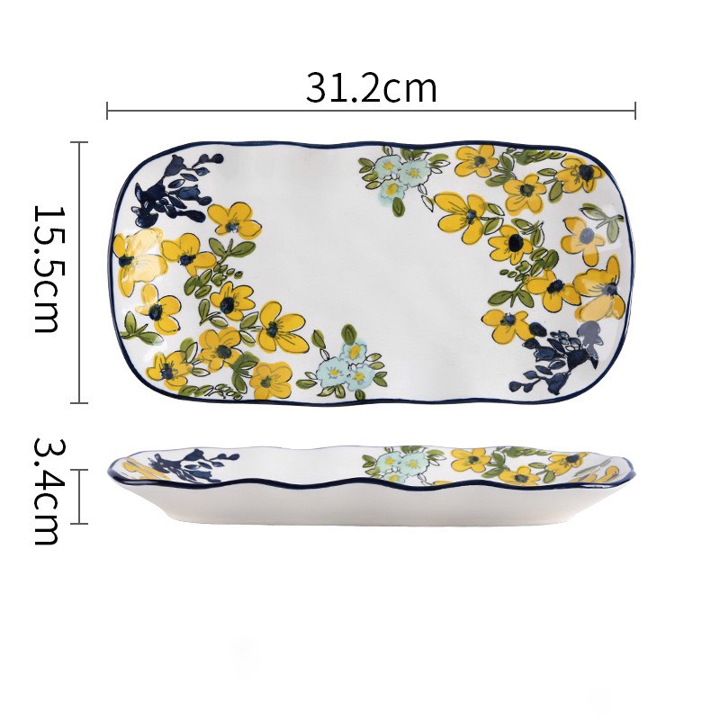 Đĩa vuông viền sóng hoa cải vàng 32x16cm (30/T)