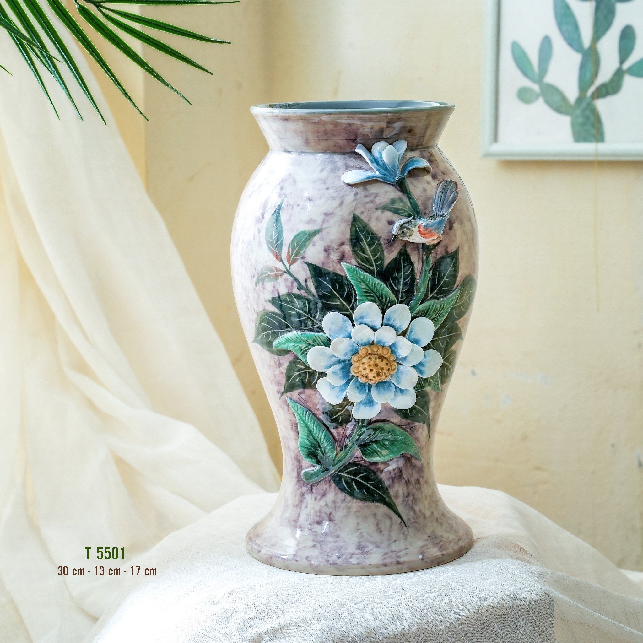 Bình hoa vuốt tay đắp nổi độc bản Từ Tâm T5501 - 30x13x17cm
