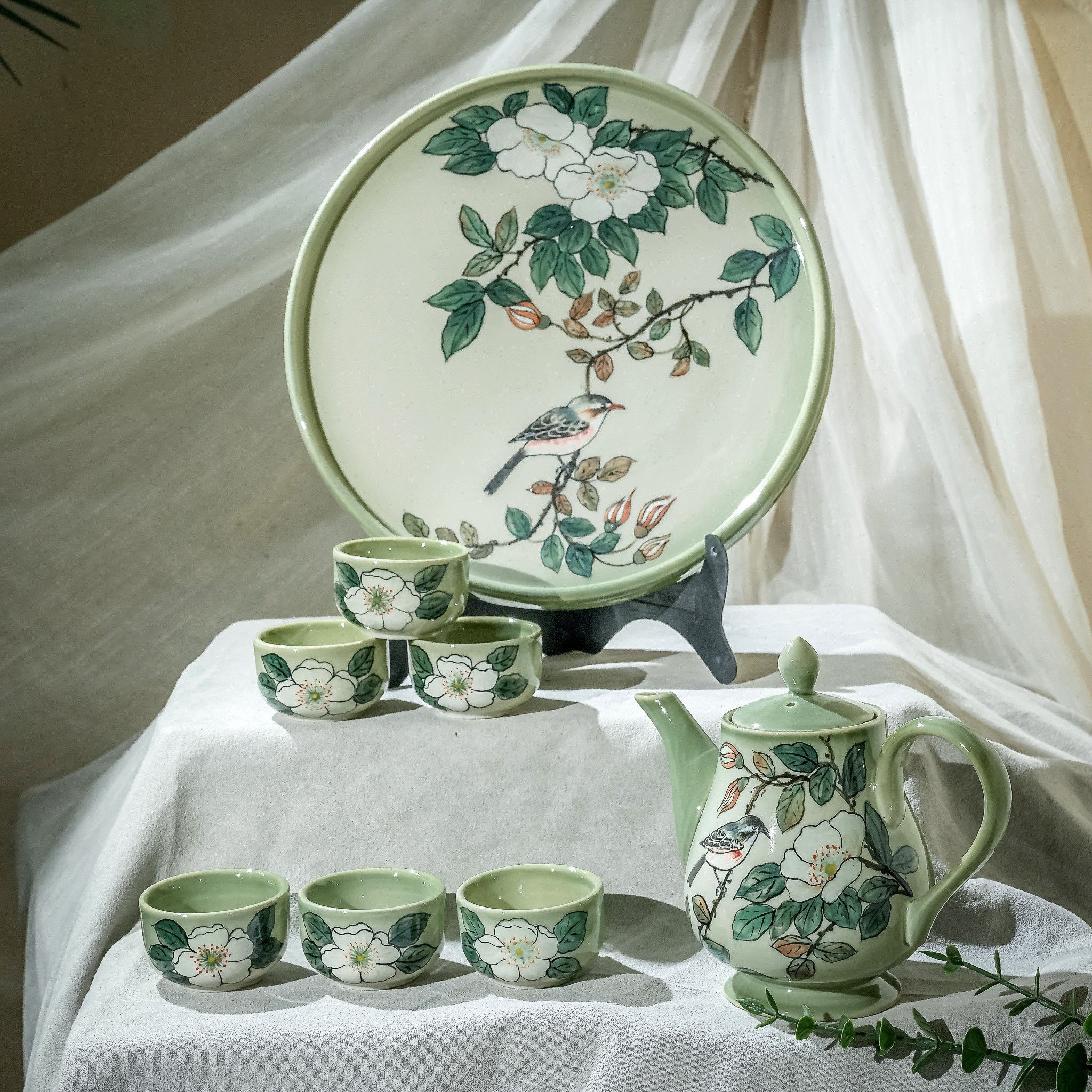 Bộ trà vuốt tay độc bản Từ Tâm hoa mận trắng