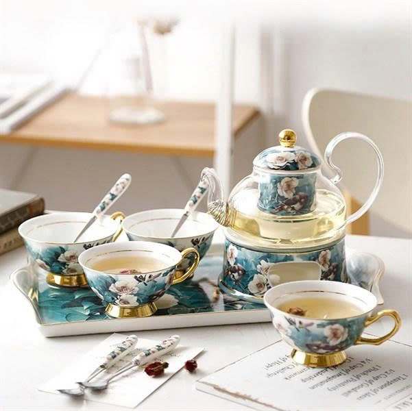 Set bàn trà Green Flower 11 món (khay sứ)