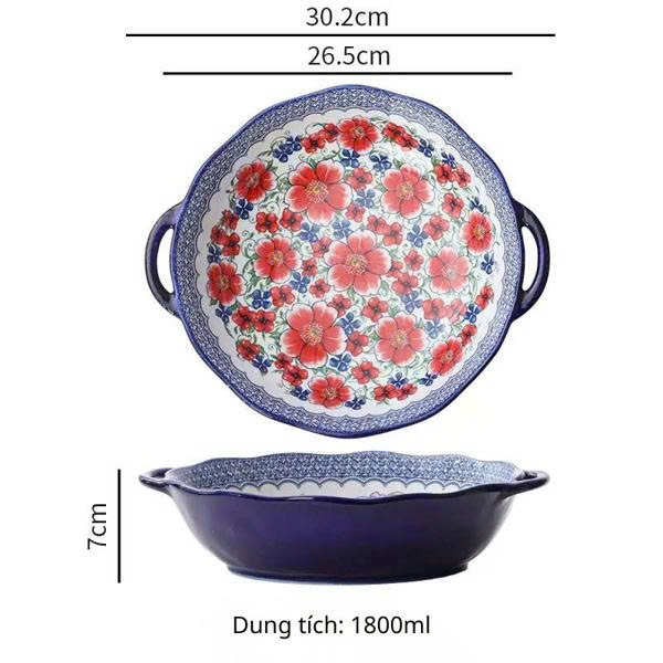  Khay 2 quai hoa anh túc đỏ 26.5x7cm