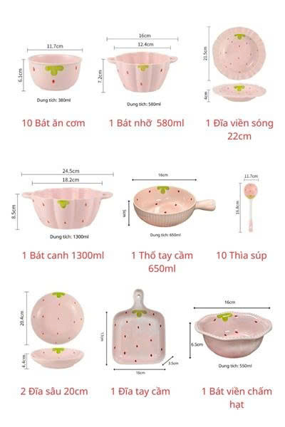 Bộ bát dâu tây hồng 38 món cho 10 người