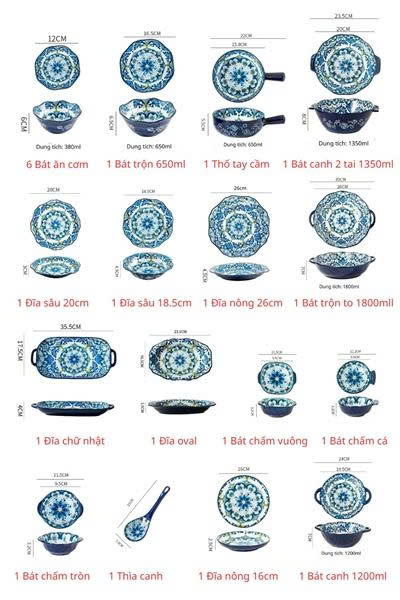 Bộ bát hoa tâm xanh 21 món cho 6 người