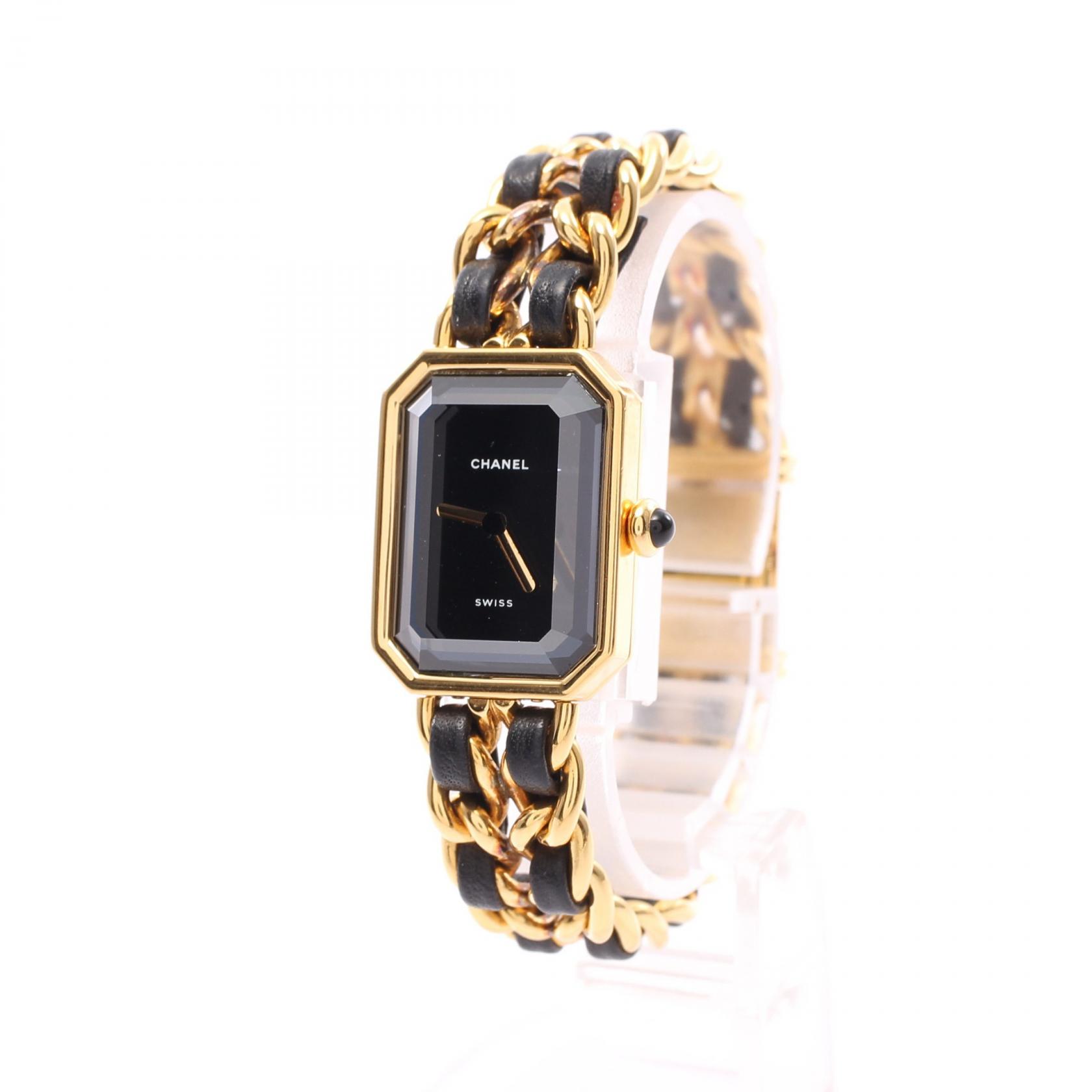 [CHANEL]プルミエール M レディース 腕時計 クオーツ GP レザー ゴールド ブラック ブラック文字盤 ジャンク品