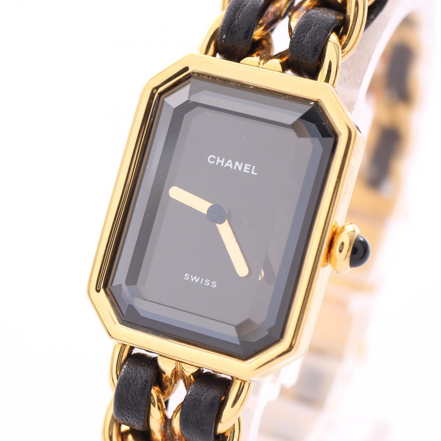 [CHANEL]プルミエール M レディース 腕時計 クオーツ GP レザー ゴールド ブラック ブラック文字盤 ジャンク品
