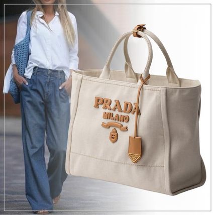 話題 PRADA◆リネン×レザー ラージトートバッグ キーホルダー付