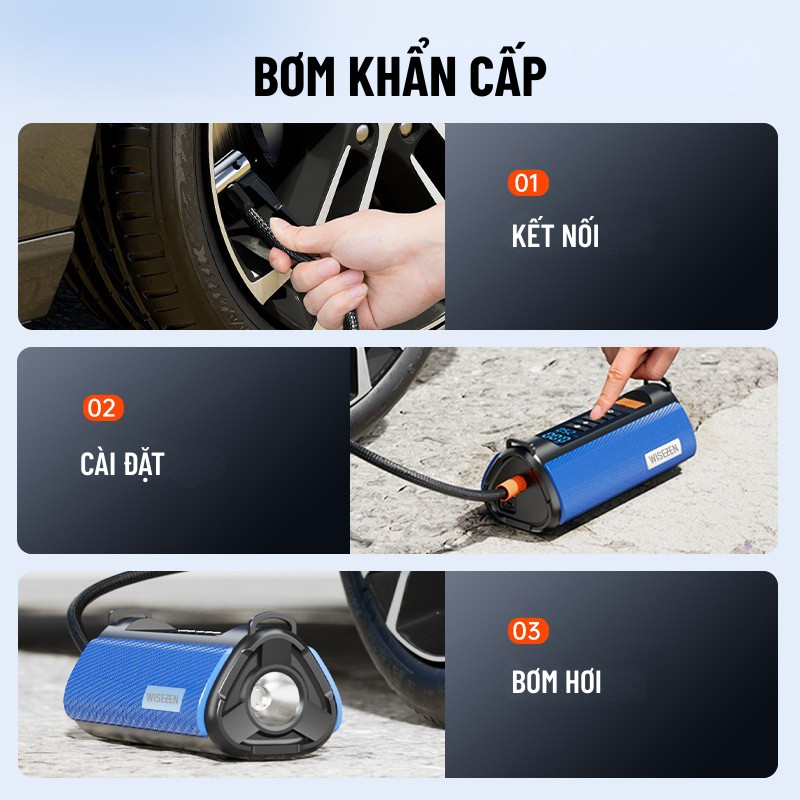 Bơm Ô Tô Kích Bình Ô Tô 4 Trong 1 Wisezen An Toàn Bơm 3 - 5 Phút Tích Hợp Sạc Dự Phòng Và Đèn Pin