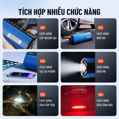 Bơm Ô Tô Kích Bình Ô Tô 4 Trong 1 Wisezen An Toàn Bơm 3 - 5 Phút Tích Hợp Sạc Dự Phòng Và Đèn Pin