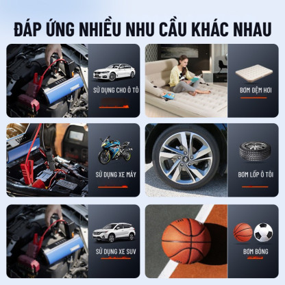 Bơm Ô Tô Kích Bình Ô Tô 4 Trong 1 Wisezen An Toàn Bơm 3 - 5 Phút Tích Hợp Sạc Dự Phòng Và Đèn Pin