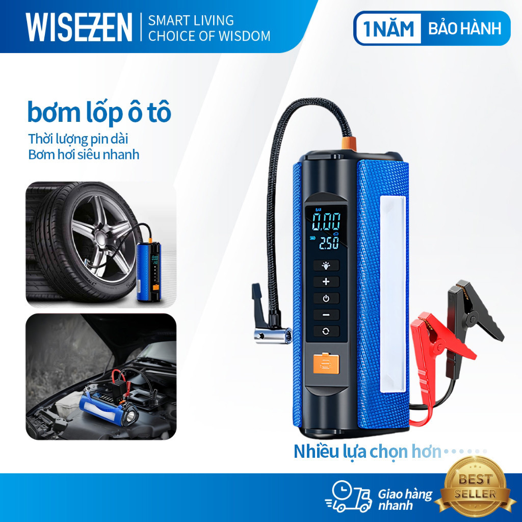 Bơm Ô Tô Kích Bình Ô Tô 4 Trong 1 Wisezen An Toàn Bơm 3 - 5 Phút Tích Hợp Sạc Dự Phòng Và Đèn Pin