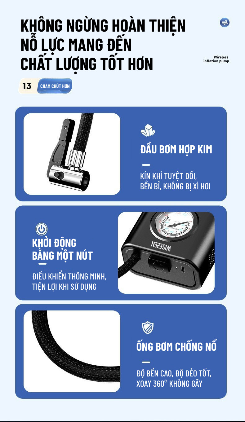 Bơm Lốp ô Tô Wisezen điện Xe Máy đạp Bóng Thông Minh Di Động Đồng Hồ Điện Tử Hiển Thị Áp Suất