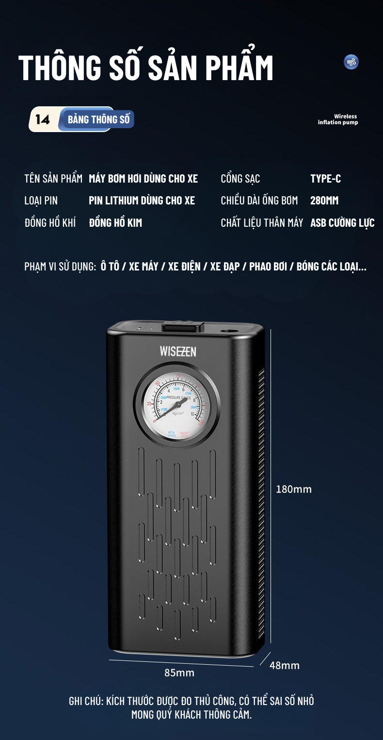 Bơm Lốp ô Tô Wisezen điện Xe Máy đạp Bóng Thông Minh Di Động Đồng Hồ Điện Tử Hiển Thị Áp Suất