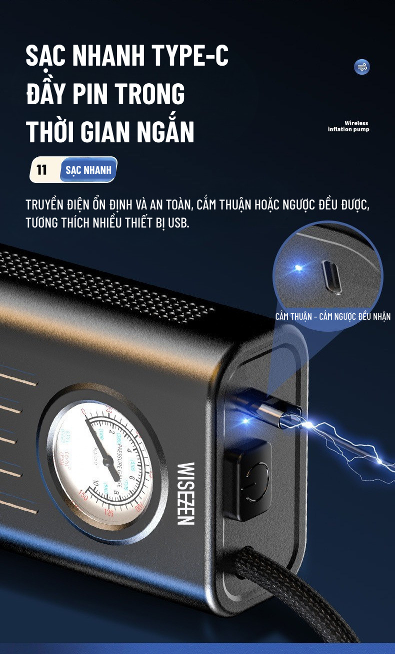 Bơm Lốp ô Tô Wisezen điện Xe Máy đạp Bóng Thông Minh Di Động Đồng Hồ Điện Tử Hiển Thị Áp Suất