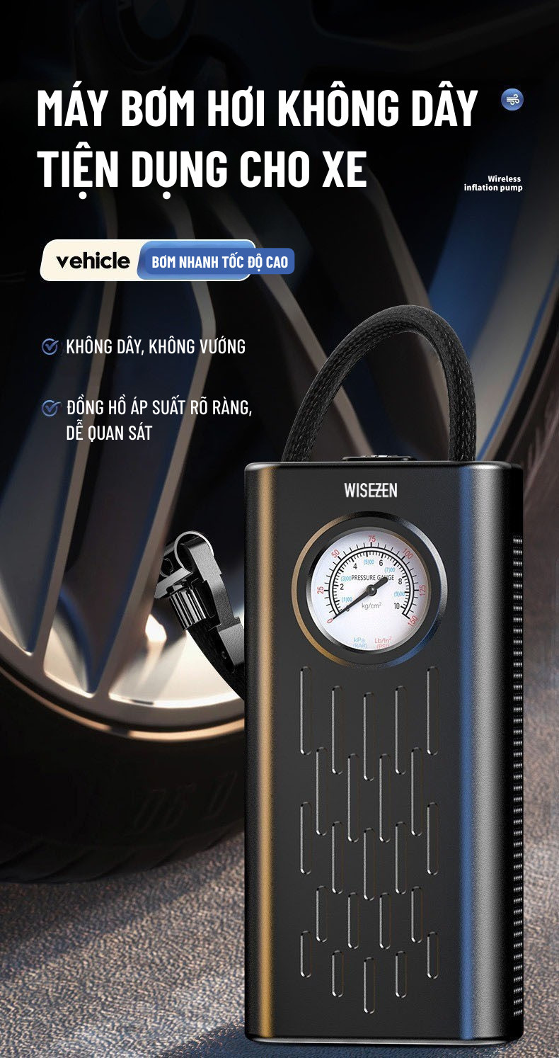 Bơm Lốp ô Tô Wisezen điện Xe Máy đạp Bóng Thông Minh Di Động Đồng Hồ Điện Tử Hiển Thị Áp Suất