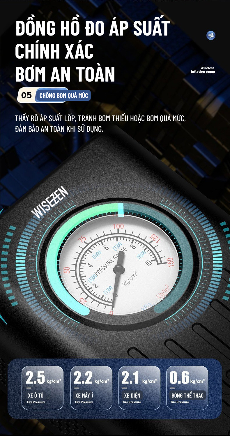 Bơm Lốp ô Tô Wisezen điện Xe Máy đạp Bóng Thông Minh Di Động Đồng Hồ Điện Tử Hiển Thị Áp Suất