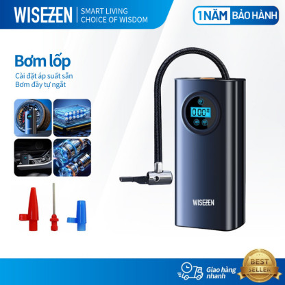 Bơm hơi mini di động dùng pin sạc cao cấp Wisezen dùng cho Ô tô Xe đạp Xe máy Xe điện Bóng đá