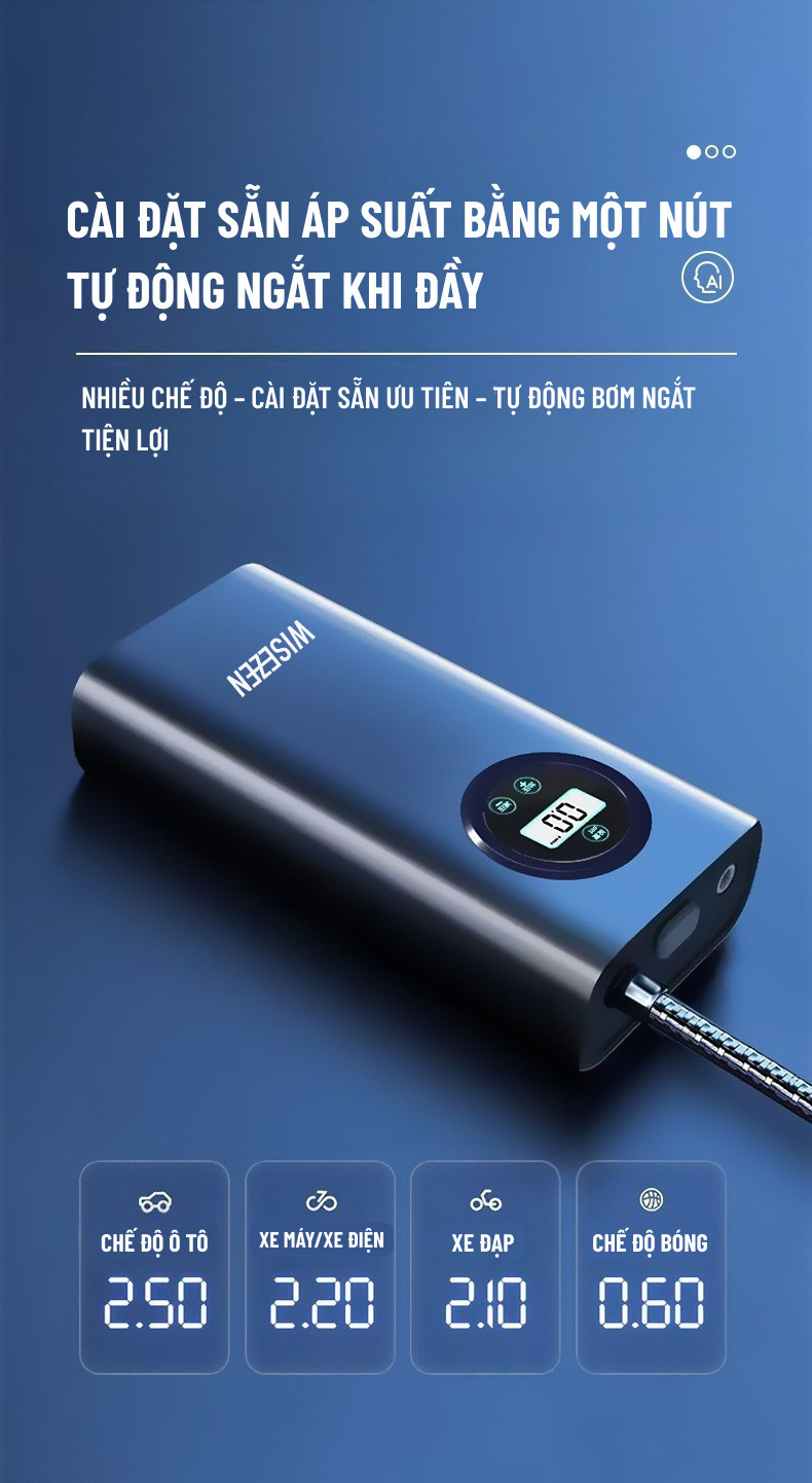 Bơm hơi mini di động dùng pin sạc cao cấp Wisezen dùng cho Ô tô Xe đạp Xe máy Xe điện Bóng đá