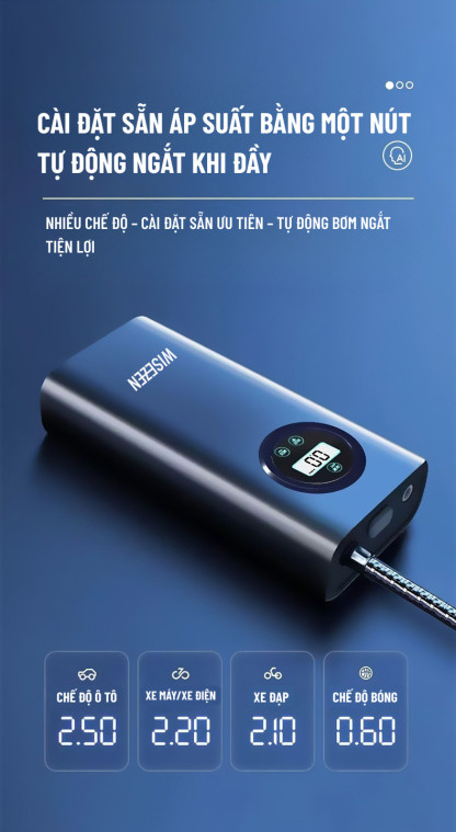 Bơm hơi mini di động dùng pin sạc cao cấp Wisezen dùng cho Ô tô Xe đạp Xe máy Xe điện Bóng đá