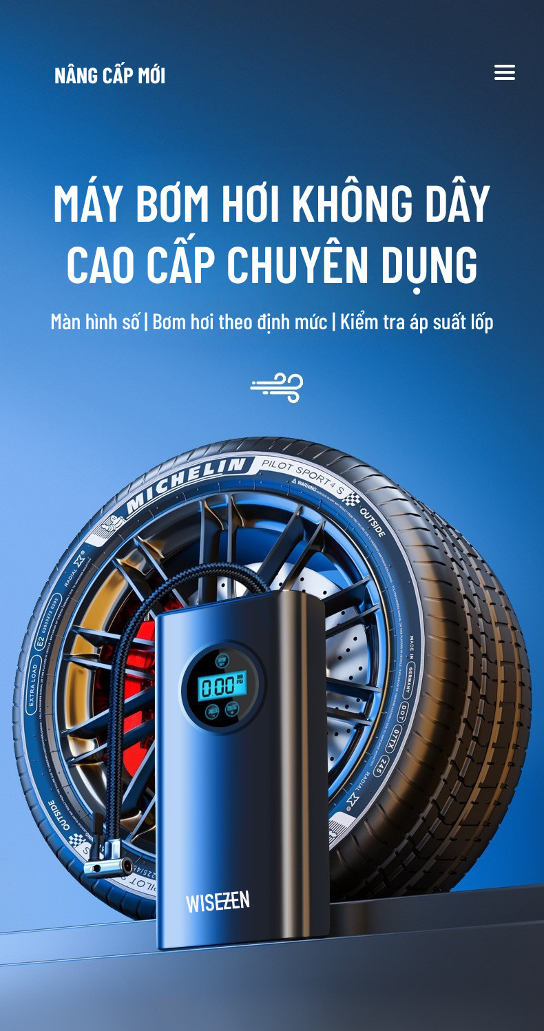 Bơm hơi mini di động dùng pin sạc cao cấp Wisezen dùng cho Ô tô Xe đạp Xe máy Xe điện Bóng đá