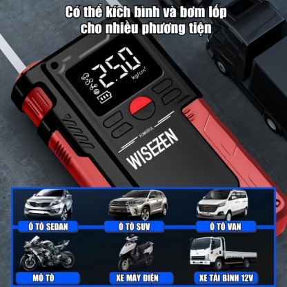 Bộ Kích Nổ Kiêm Bơm Lốp ô Tô Wisezen đa Năng Cao Cấp Kiêm Bơm Hơi Lốp Kích Bình Acquy Oto 4 Trong 1 Cho Xe 4 đến Bán Tải
