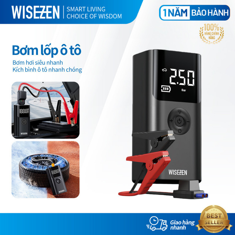Bơm Lốp Kích Bình ô Tô 4in1 Wisezen Dung Lượng Bơm Siêu Tốc Tích Hợp Sạc Dự Phòng đèn Chiếu Sáng Kích Bình ô Tô 12v