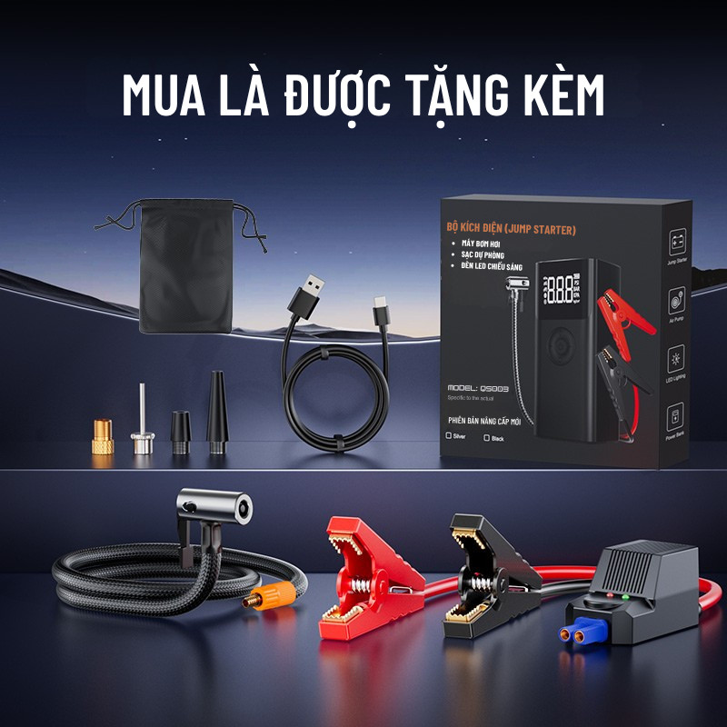 Bơm Lốp Kích Bình ô Tô 4in1 Wisezen Dung Lượng Bơm Siêu Tốc Tích Hợp Sạc Dự Phòng đèn Chiếu Sáng Kích Bình ô Tô 12v