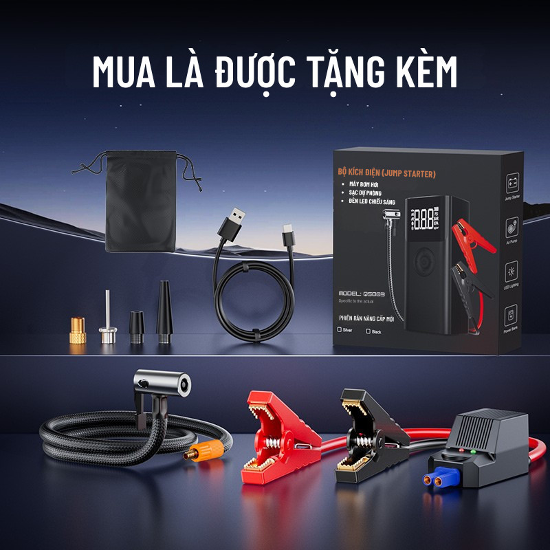 Bơm Lốp Kích Bình ô Tô 4in1 Wisezen Dung Lượng Bơm Siêu Tốc Tích Hợp Sạc Dự Phòng đèn Chiếu Sáng Kích Bình ô Tô 12v