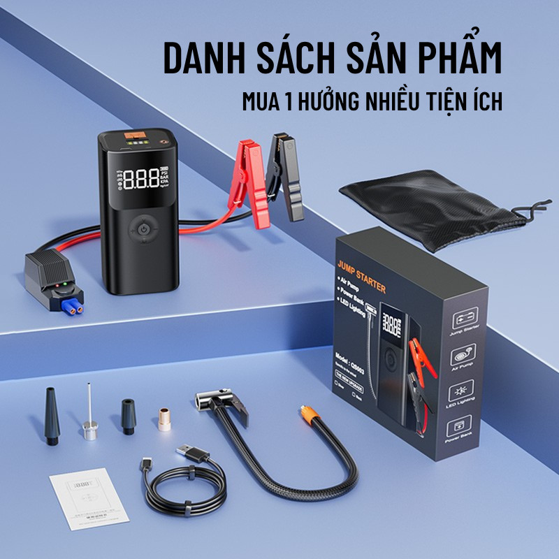 Bơm Lốp Kích Bình ô Tô 4in1 Wisezen Dung Lượng Bơm Siêu Tốc Tích Hợp Sạc Dự Phòng đèn Chiếu Sáng Kích Bình ô Tô 12v