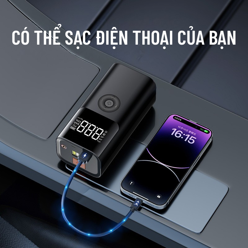 Bơm Lốp Kích Bình ô Tô 4in1 Wisezen Dung Lượng Bơm Siêu Tốc Tích Hợp Sạc Dự Phòng đèn Chiếu Sáng Kích Bình ô Tô 12v