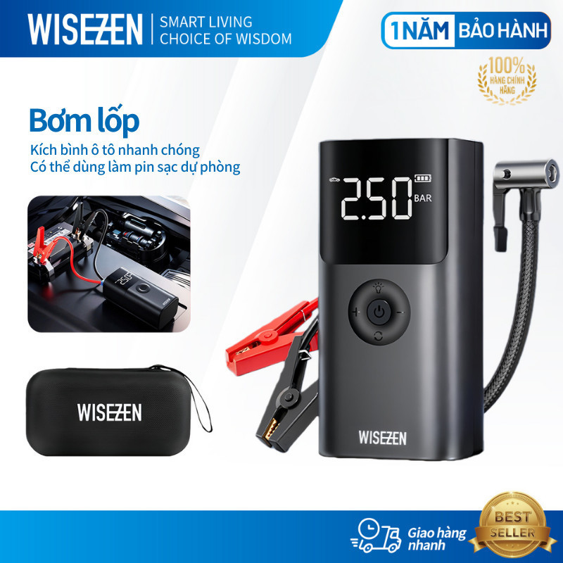 Bộ Kích Bình Ắc Quy Ô Tô Đa Năng Wisezen Bơm Lốp Kích Bình ô Tô 4 Trong 1 Máy Bơm Lốp Ô Tô Sạc Dự Phòng Đèn Pin