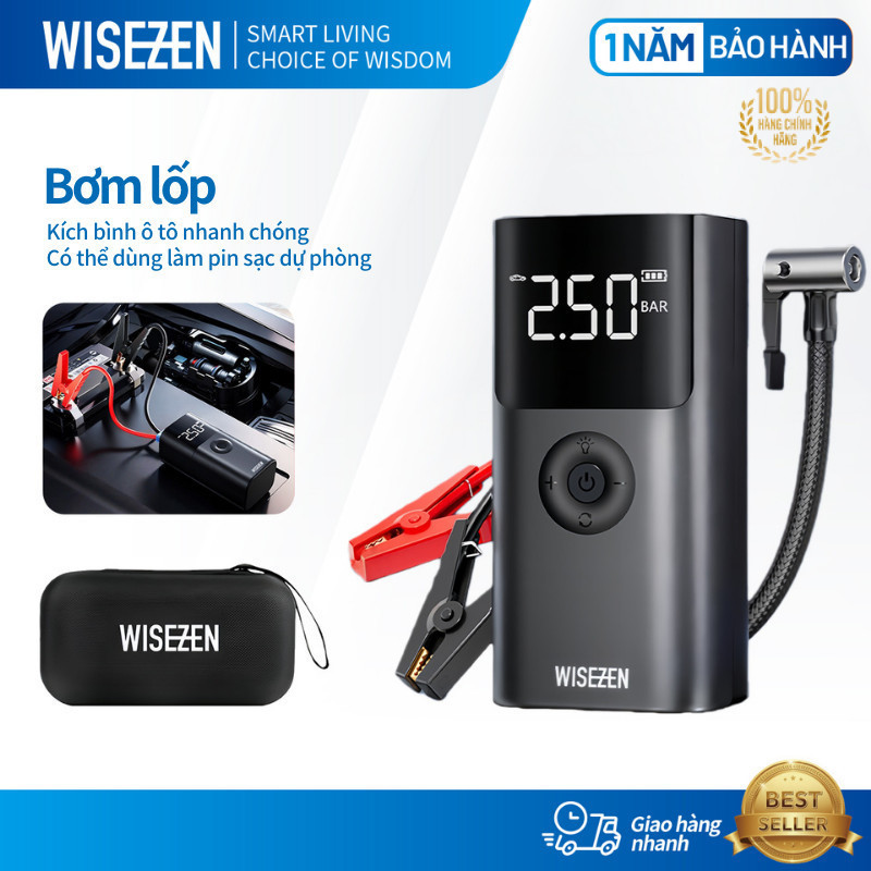 Bộ Kích Bình Ắc Quy Ô Tô Đa Năng Wisezen Bơm Lốp Kích Bình ô Tô 4 Trong 1 Máy Bơm Lốp Ô Tô Sạc Dự Phòng Đèn Pin