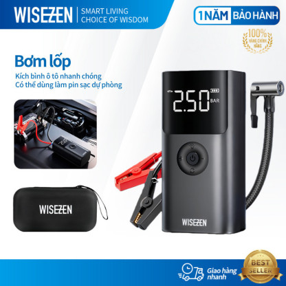 Bộ Kích Bình Ắc Quy Ô Tô Đa Năng Wisezen Bơm Lốp Kích Bình ô Tô 4 Trong 1 Máy Bơm Lốp Ô Tô Sạc Dự Phòng Đèn Pin