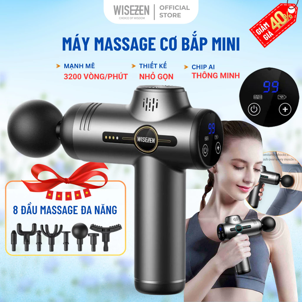 Wisezen Máy massage Cầm Tay Chính Hãng Gồm 99 Chế Độ 8 Đầu Massage Lưng Cổ Vai Gáy Giúp Giảm Đau Mỏi