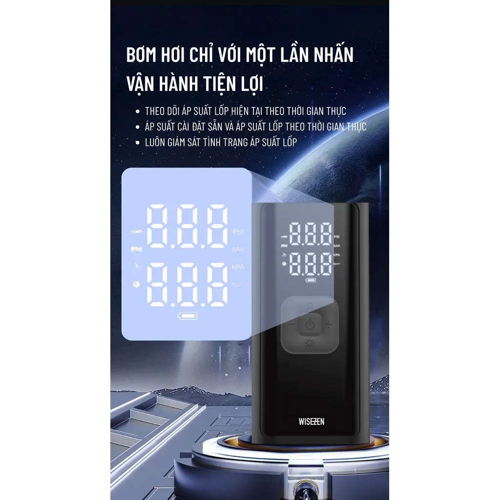 Máy Bơm Hơi Lốp Với đồng Hồ đo áp Suất Lốp Kỹ Thuật Số Và đèn LED Wisezen Máy Nén Khí Cho ô Tô Và Xe đạp Xe Máy