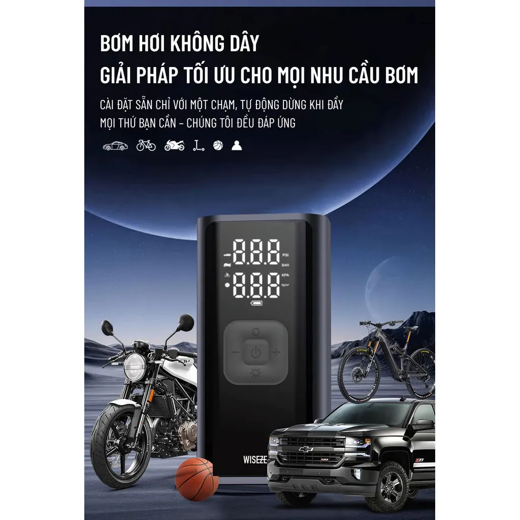 Máy Bơm Hơi Lốp Với đồng Hồ đo áp Suất Lốp Kỹ Thuật Số Và đèn LED Wisezen Máy Nén Khí Cho ô Tô Và Xe đạp Xe Máy