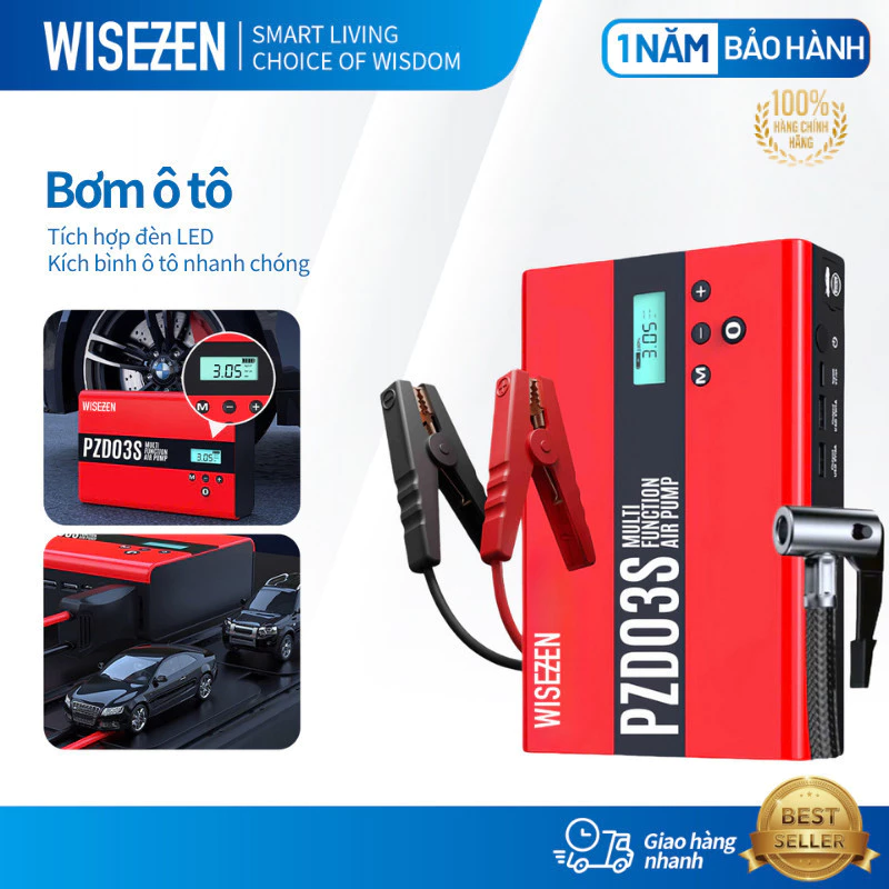 BƠM LỐP KÍCH BÌNH Ô TÔ 4 IN 1 Wisezen Tích Hợp Sạc Dự Phòng Và đèn Pin Chiếu Sáng Giao Hàng Nhanh