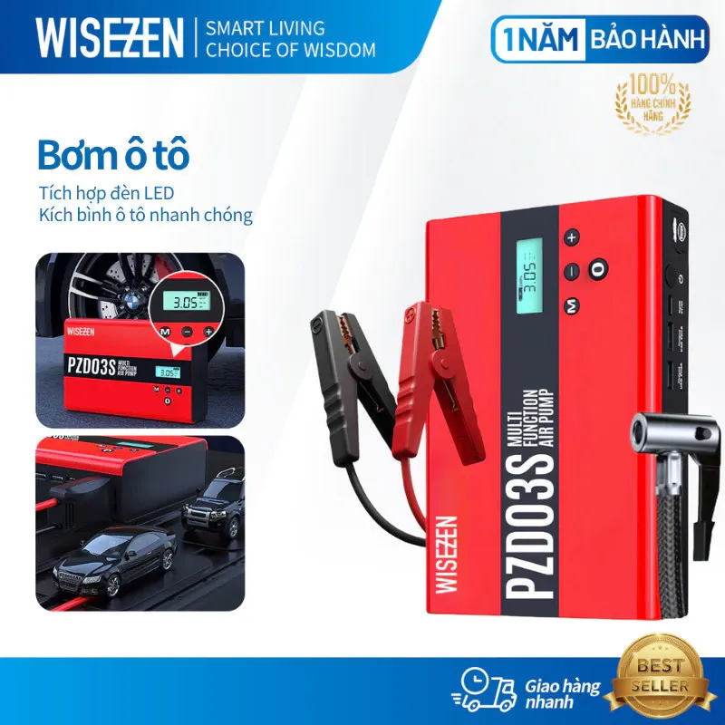 BƠM LỐP KÍCH BÌNH Ô TÔ 4 IN 1 Wisezen Tích Hợp Sạc Dự Phòng Và đèn Pin Chiếu Sáng Giao Hàng Nhanh
