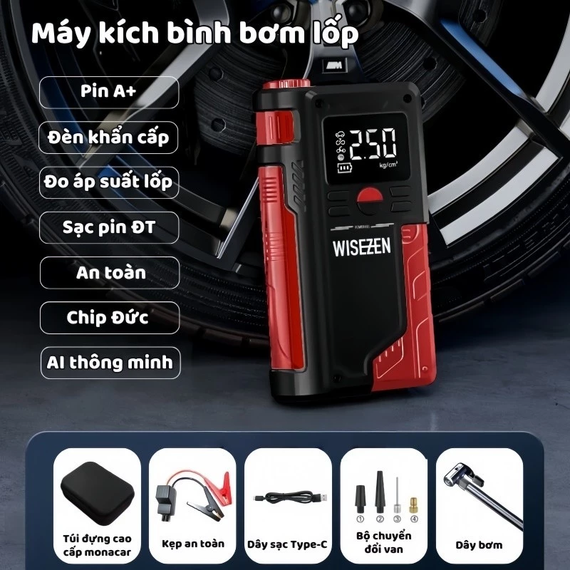 Bộ Kích Nổ Kiêm Bơm Lốp ô Tô Wisezen đa Năng Cao Cấp Kiêm Bơm Hơi Lốp Kích Bình Acquy Oto 4 Trong 1 Cho Xe 4 đến Bán Tải