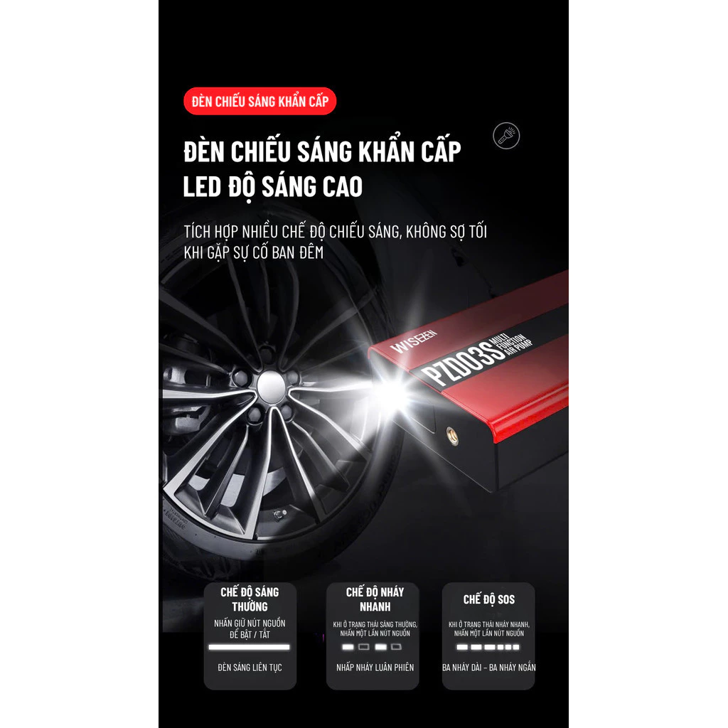 BƠM LỐP KÍCH BÌNH Ô TÔ 4 IN 1 Wisezen Tích Hợp Sạc Dự Phòng Và đèn Pin Chiếu Sáng Giao Hàng Nhanh