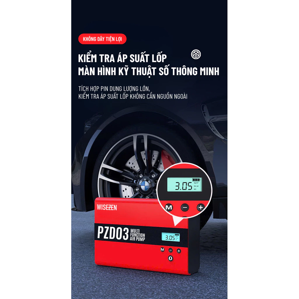 Kích Bình Kiêm Bơm Lốp ô Tô Wisezen đa Năng 4IN1 Kích Nổ Máy Bơm Lốp Xe Sạc Dự Phòng đèn Pin Cao