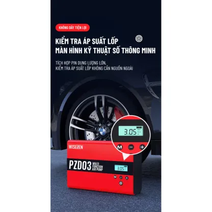 Kích Bình Kiêm Bơm Lốp ô Tô Wisezen đa Năng 4IN1 Kích Nổ Máy Bơm Lốp Xe Sạc Dự Phòng đèn Pin Cao