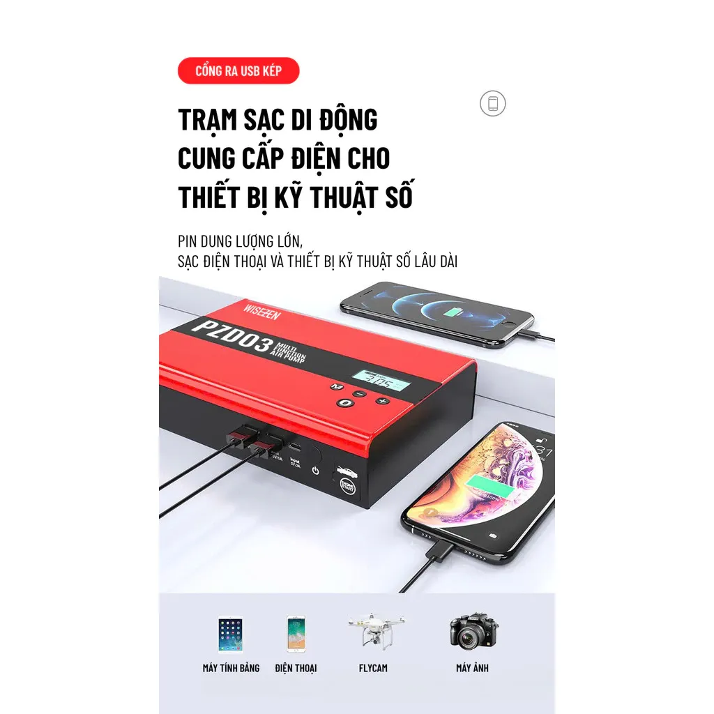 Kích Bình Kiêm Bơm Lốp ô Tô Wisezen đa Năng 4IN1 Kích Nổ Máy Bơm Lốp Xe Sạc Dự Phòng đèn Pin Cao