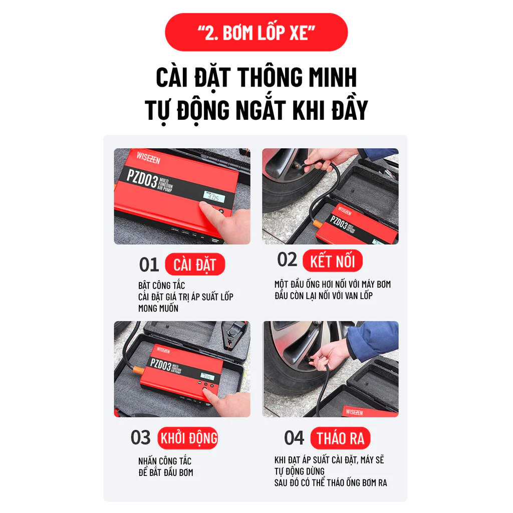 Kích Bình Kiêm Bơm Lốp ô Tô Wisezen đa Năng 4IN1 Kích Nổ Máy Bơm Lốp Xe Sạc Dự Phòng đèn Pin Cao