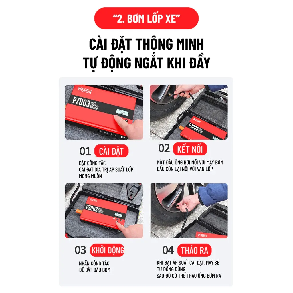 Kích Bình Kiêm Bơm Lốp ô Tô Wisezen đa Năng 4IN1 Kích Nổ Máy Bơm Lốp Xe Sạc Dự Phòng đèn Pin Cao