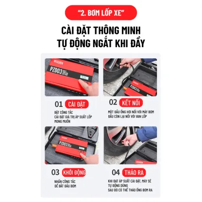 Kích Bình Kiêm Bơm Lốp ô Tô Wisezen đa Năng 4IN1 Kích Nổ Máy Bơm Lốp Xe Sạc Dự Phòng đèn Pin Cao