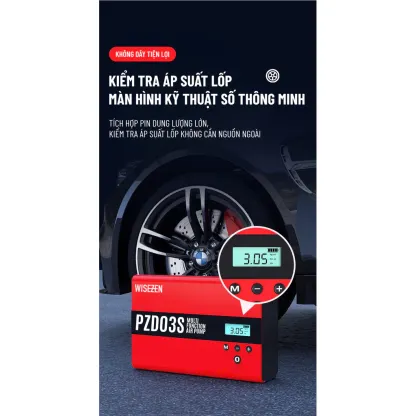 BƠM LỐP KÍCH BÌNH Ô TÔ 4 IN 1 Wisezen Tích Hợp Sạc Dự Phòng Và đèn Pin Chiếu Sáng Giao Hàng Nhanh
