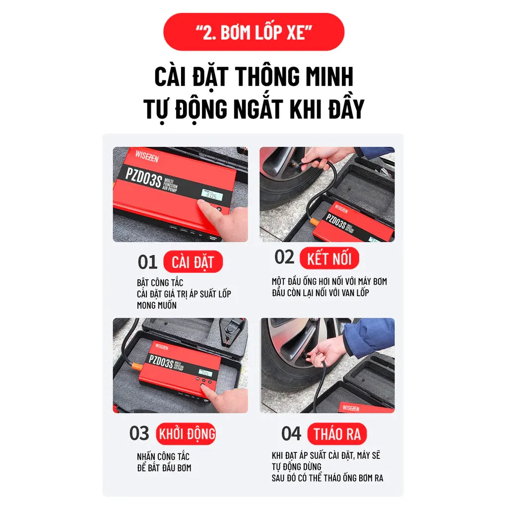 BƠM LỐP KÍCH BÌNH Ô TÔ 4 IN 1 Wisezen Tích Hợp Sạc Dự Phòng Và đèn Pin Chiếu Sáng Giao Hàng Nhanh