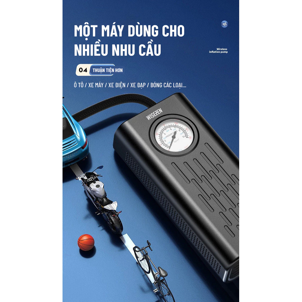Bơm Lốp ô Tô Wisezen điện Xe Máy đạp Bóng Thông Minh Di Động Đồng Hồ Điện Tử Hiển Thị Áp Suất
