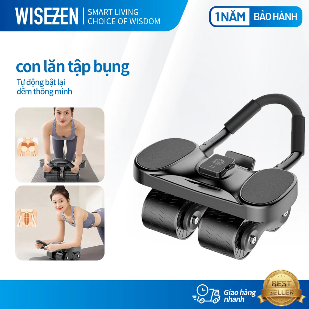 Con Lăn Tập Bụng Trợ Lực 4 Bánh Chống Đổ Có Đồng Hồ Dụng Cụ Plank Tại Nhà Thế Hệ Mới Wisezen