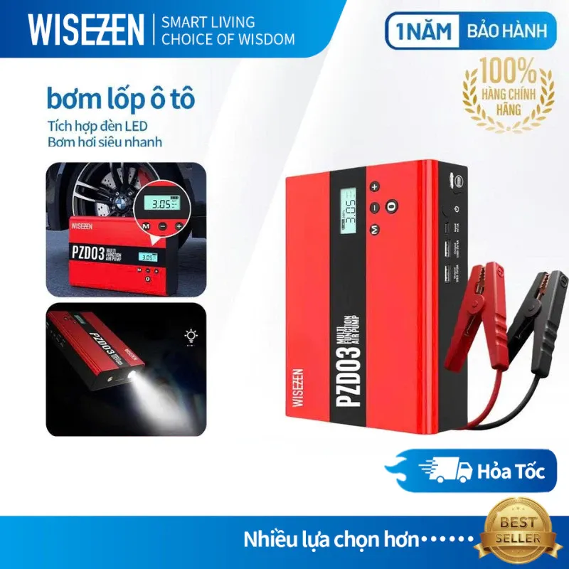 Kích Bình Kiêm Bơm Lốp ô Tô Wisezen đa Năng 4IN1 Kích Nổ Máy Bơm Lốp Xe Sạc Dự Phòng đèn Pin Cao